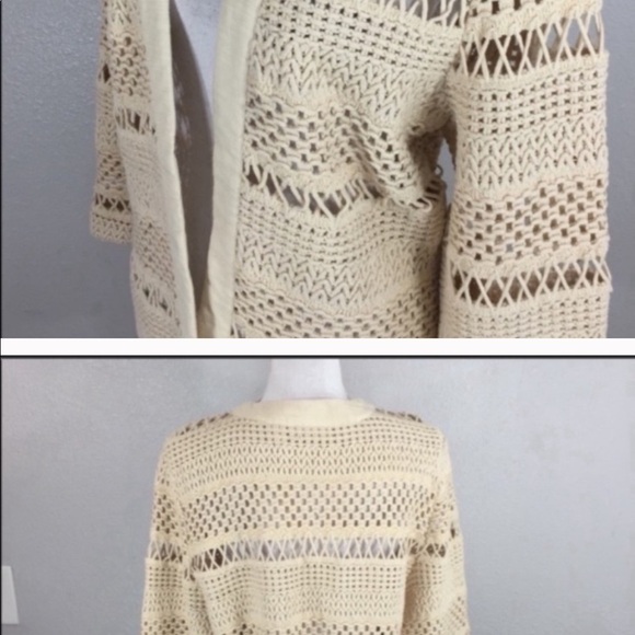 Chico’s Wheat & Cream Macrame Crochet Open Front Soft Spring Cardigan Size Large - Picture 6 of 7